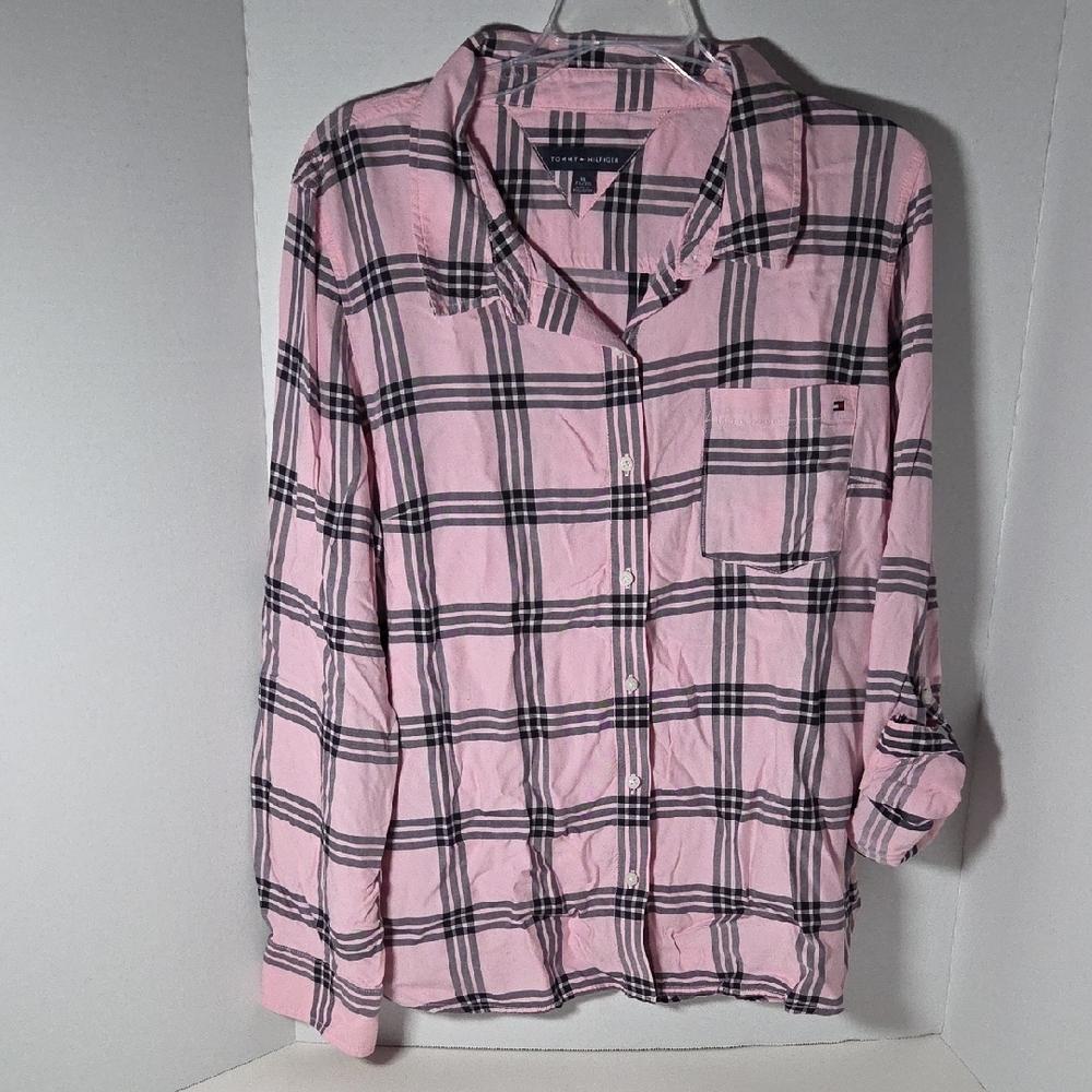 Tommy Hilfiger Xl Pink and Black Plaid Button Down Shirt